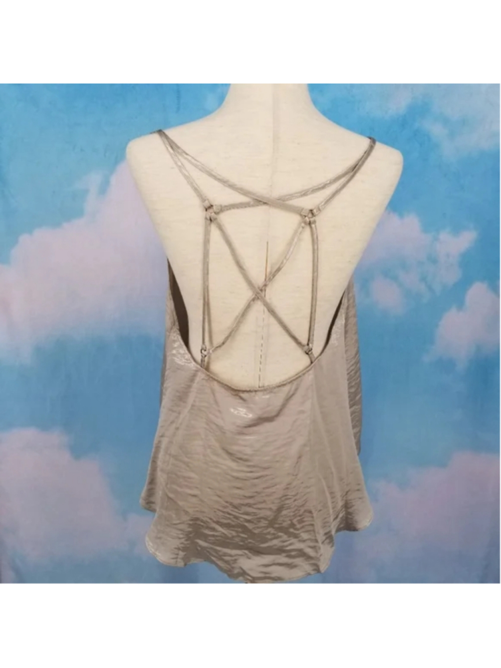 Free People Haze Tank Medium Silver Strappy Back V Neck NWT